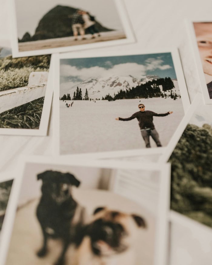 Polaroid pictures of dog and man in front of mountain on a table