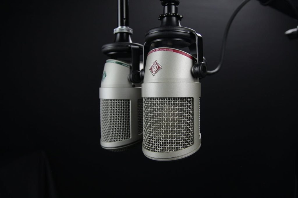 A close-up image of two vintage microphones hanging, with the boom out of the picture, highlighting the classic recording equipment at JourneyWise Studios.