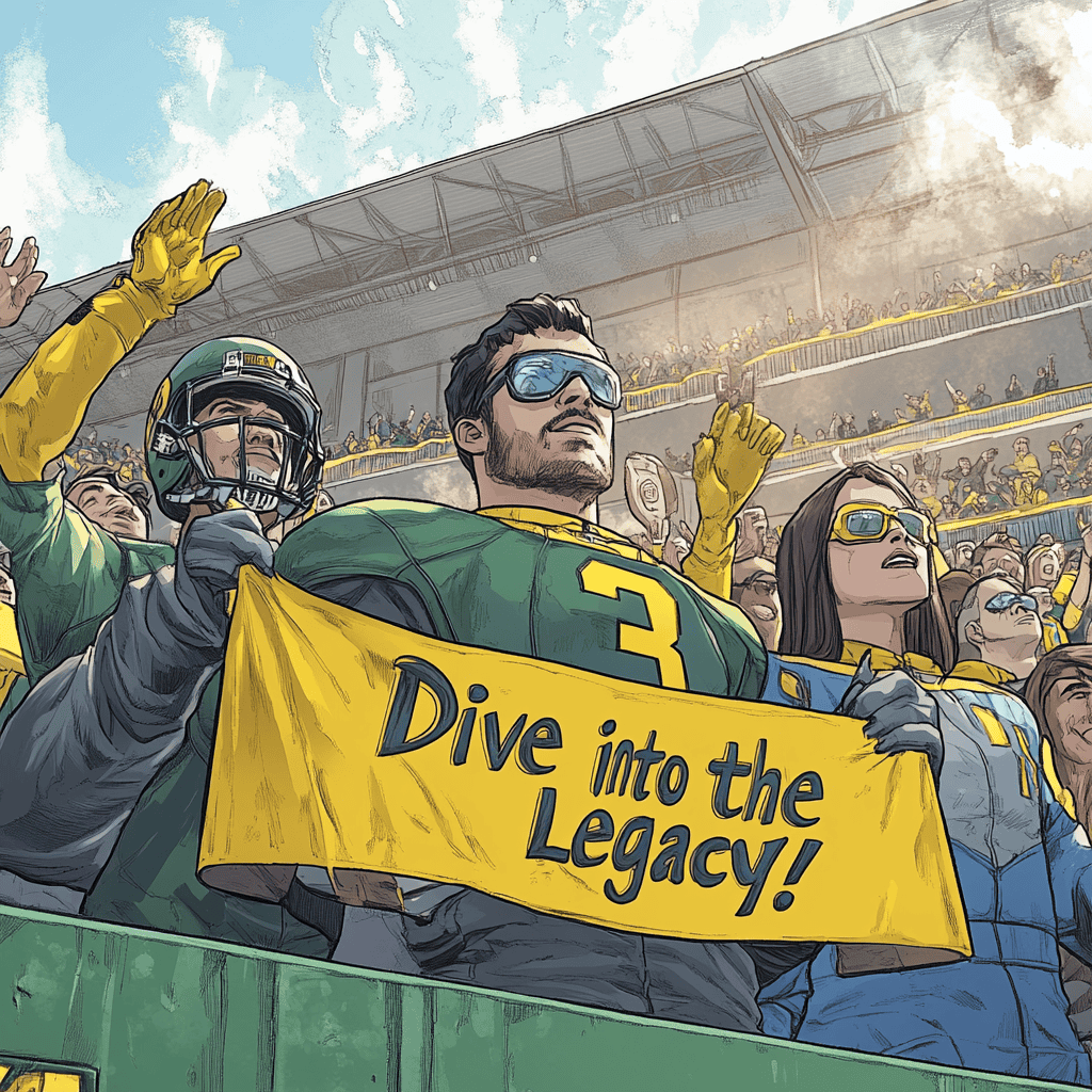 Comic book illustration of fans in stands with banner reading Dive into the Legacy!